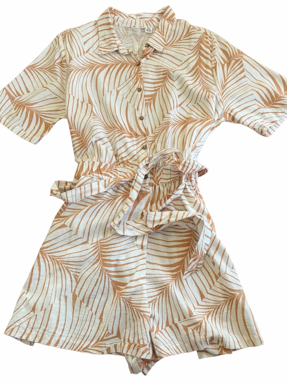 Roxy Palm Print Belted Resort Romper L Safari Tropical Cotton Viscose Boho